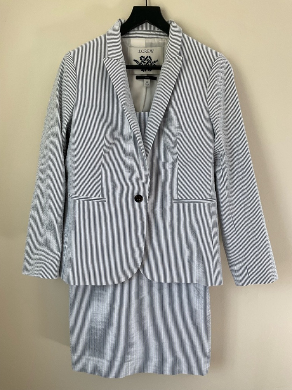 J. Crew parke blazer Blue White Striped Seersucker Skirt Suit 10 and 8 dress